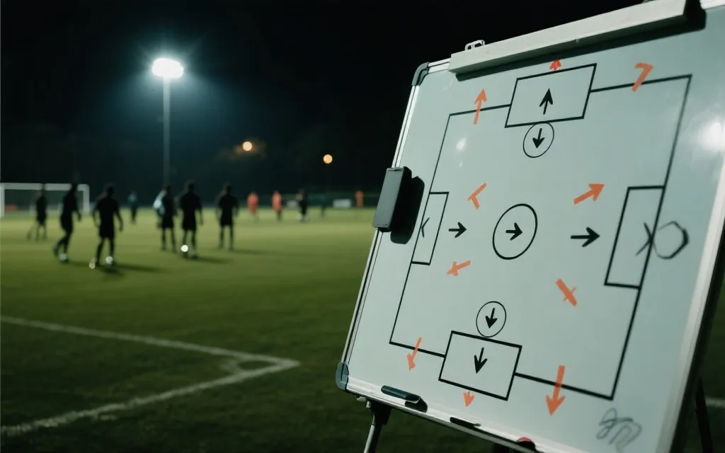 夜间球场的战术板与球员剪影，强调主教练决策对比分的影响